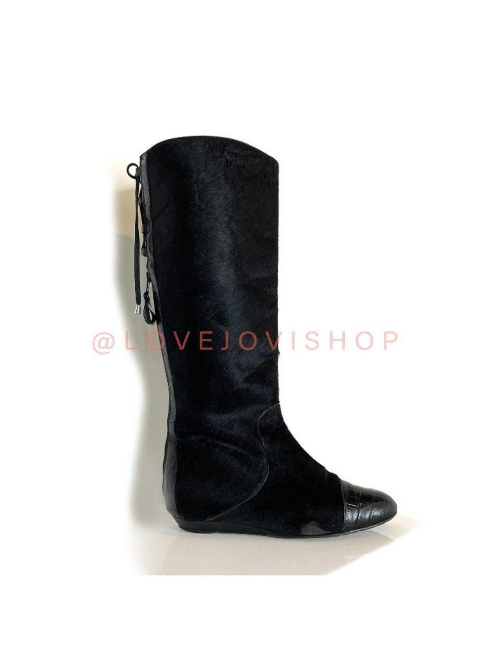 Boots | Vintage 80s Calfhair Corseted Wide Shaft Tall | Made in Italy Black | 9